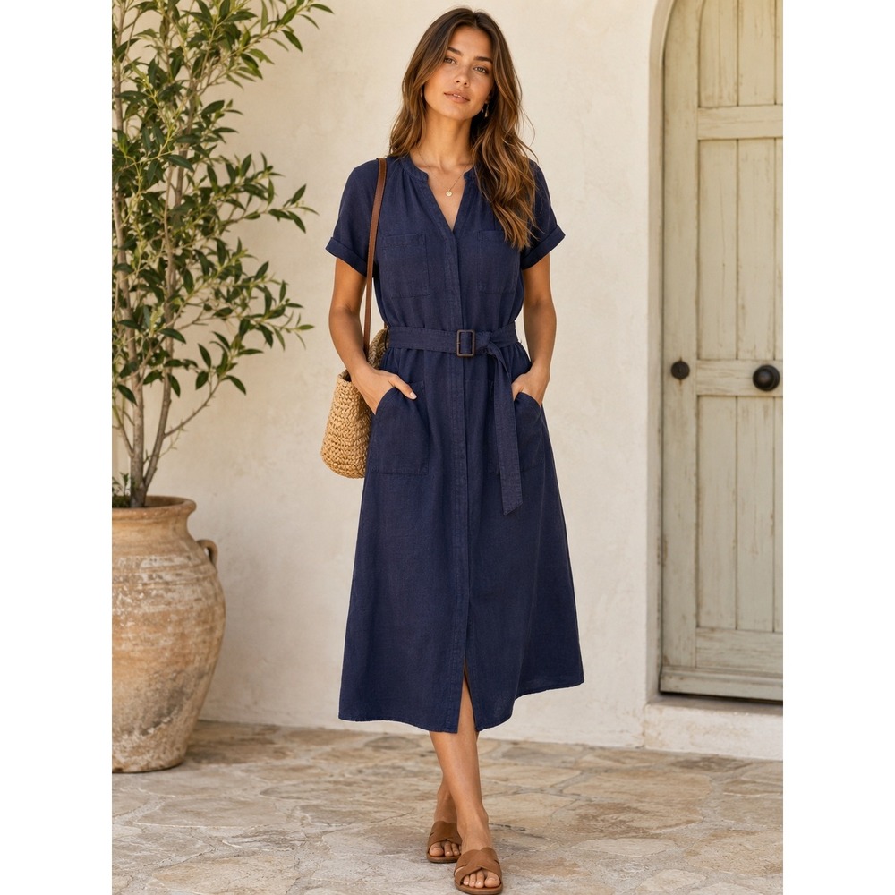 Lucky Brand Linen Blend Utility Midi Dress Navy Belted Button Front M